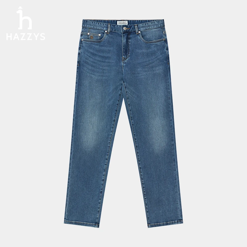 Hazzys哈吉斯男士经典直筒蓝色舒适春夏水洗修身牛仔简约裤子男式