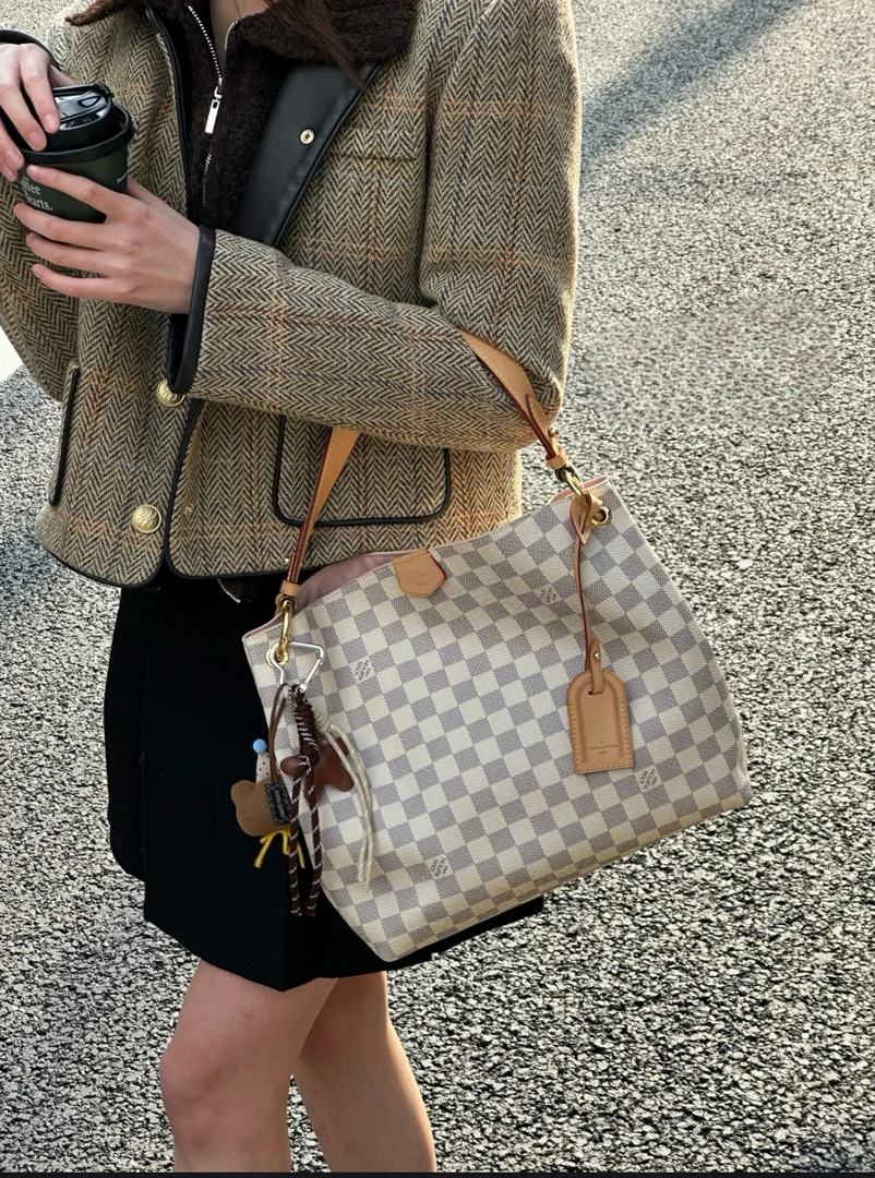 99新 LouisVuitton/路易威登 0502 白棋盘格Graceful单肩包小号