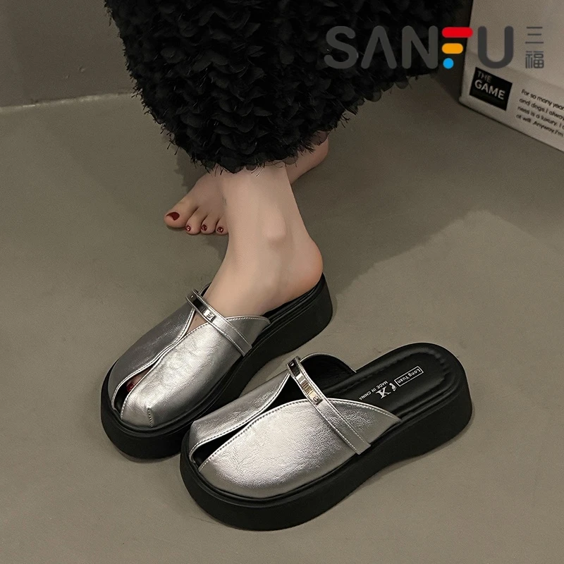 三福厚底包头半拖鞋女外穿2025夏季新款时尚百搭一脚蹬懒人凉拖鞋