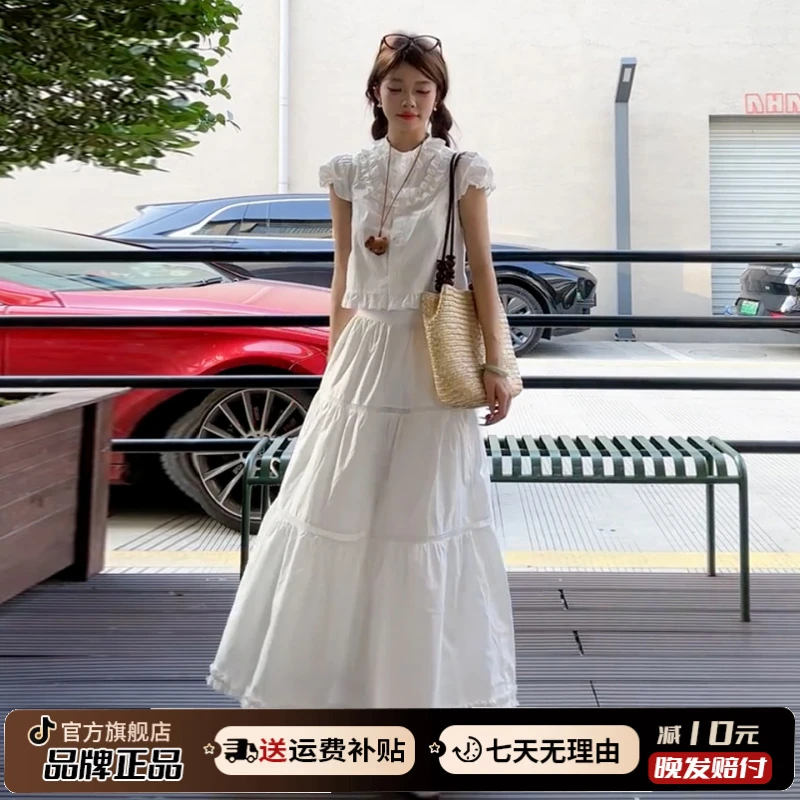 韩系冷淡系白色连衣裙子女夏季2025新款爆款巨好看的蛋糕长裙套装