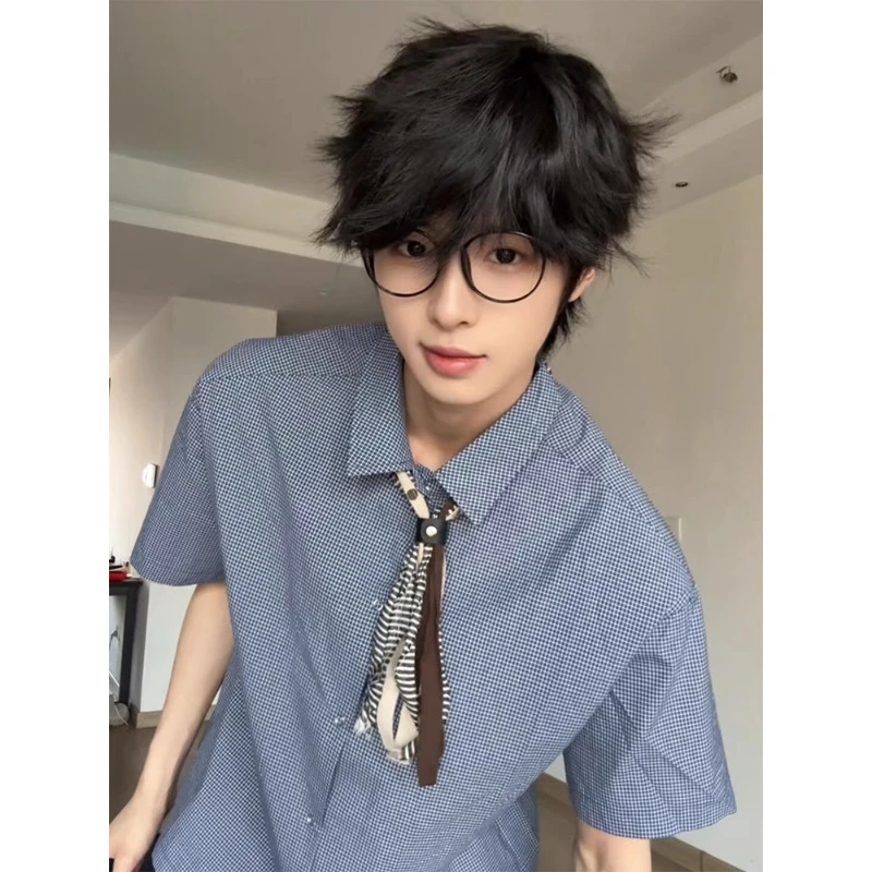 蓝色小格子短袖衬衫男夏季美式潮牌高级感格纹衬衣老钱风半袖外套