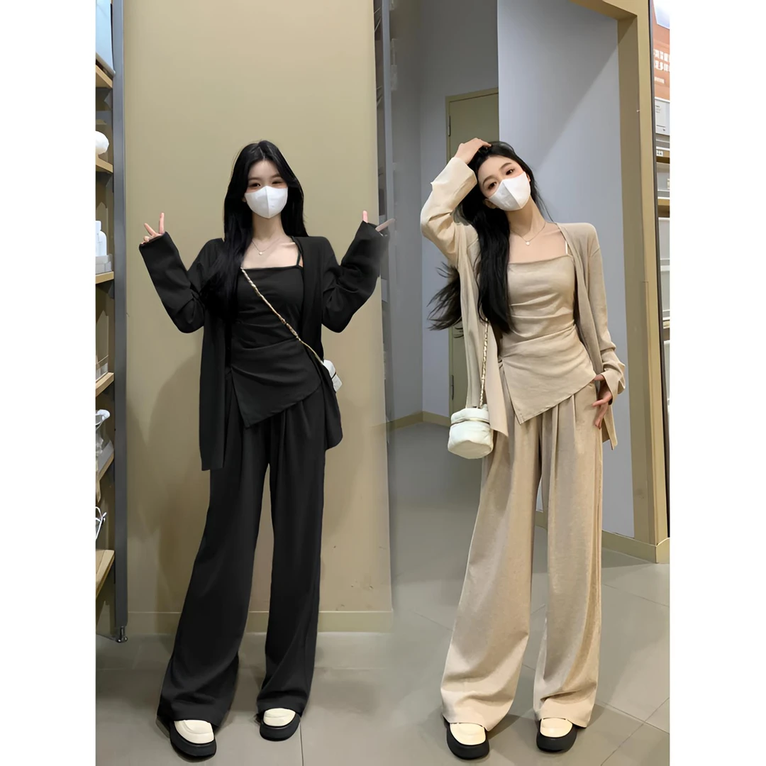 大码胖mm巨显瘦套装吊带外披长裤休闲三件套女春夏穿搭一整套