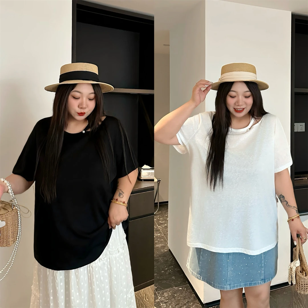 蜜桃乖乖 / 圆领镂空设计感短袖T恤 8975花契大码200斤胖mm减龄