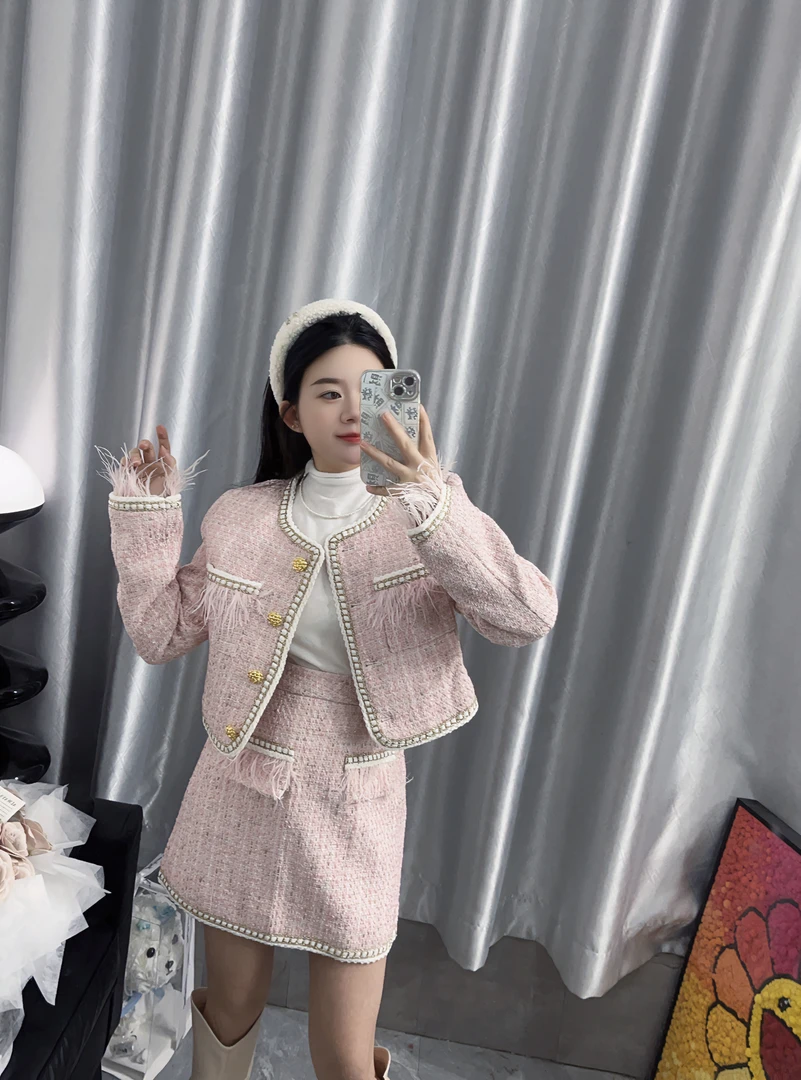 【虎妹推荐】小个子蜜桃粉小香风套装裙（两件套）