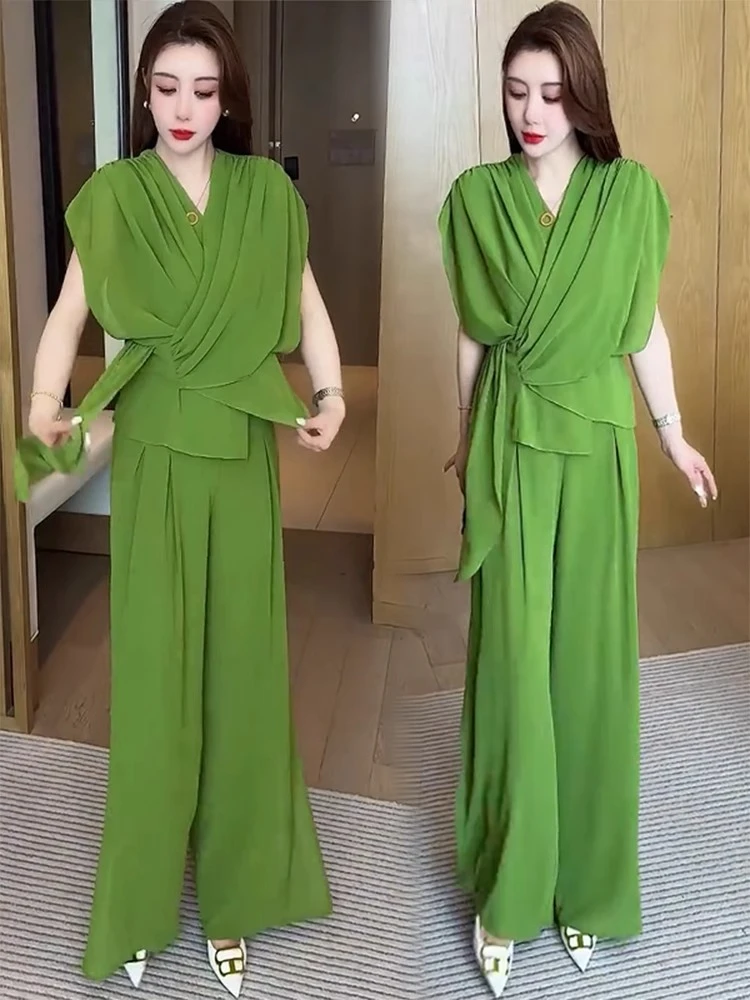 时尚套装女夏季新款洋气收腰遮肚不规则冰丝短袖高腰阔腿裤两件套