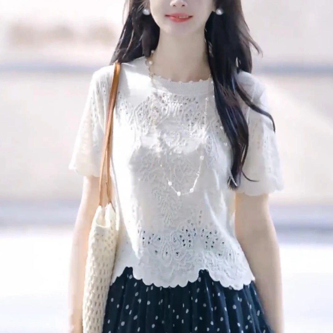 【繁花】立体雕花慵懒风纯色套头短袖时尚针织衫上衣宽松镂空钩花女