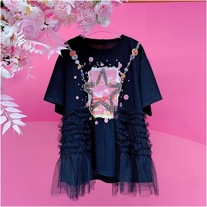 X21936欧美设计师2025春夏新款印花五角星拼纱宽松休闲短袖T恤女