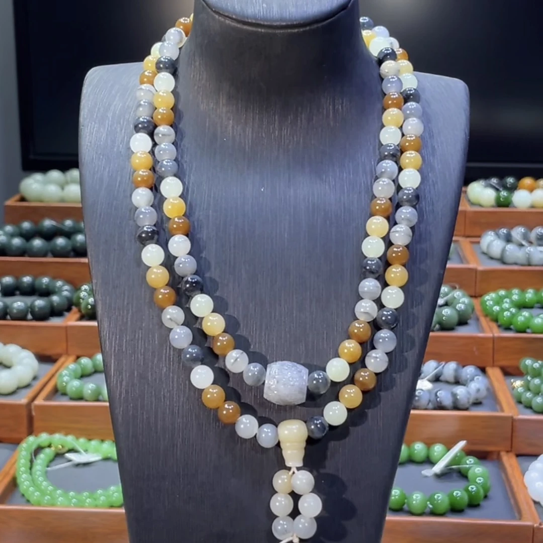 和田玉新疆若羌楼兰三色多圈项链8mm