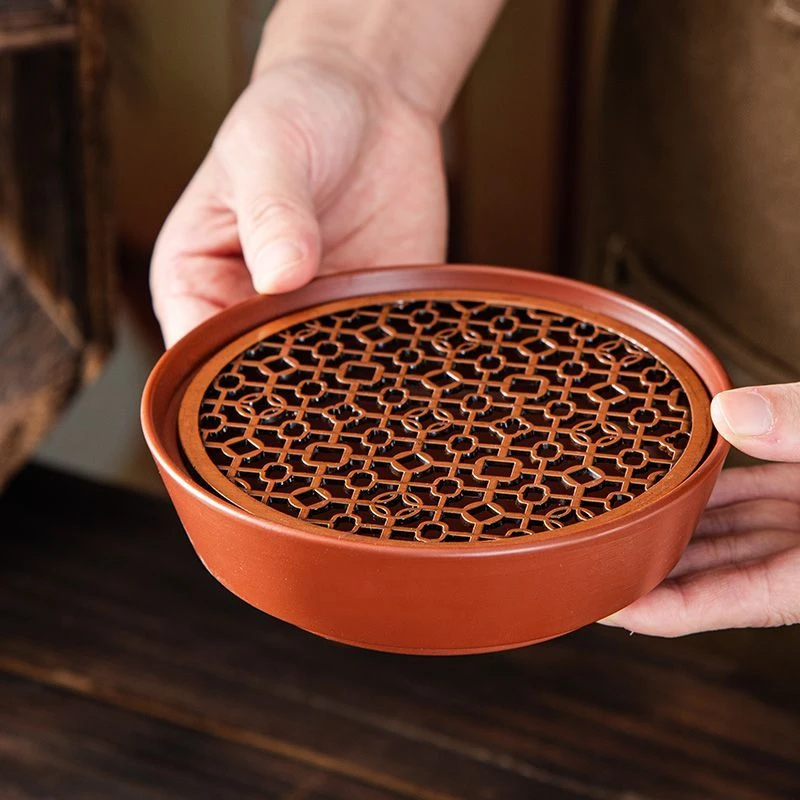 朱泥新中式镂空壶承茶壶泡茶干泡壶承壶托茶具配件