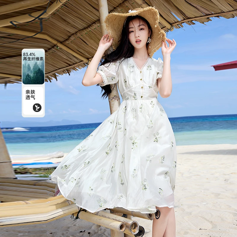 【直播专享】Q842252连衣裙 香影碎花连衣裙女夏季新款高腰海边度