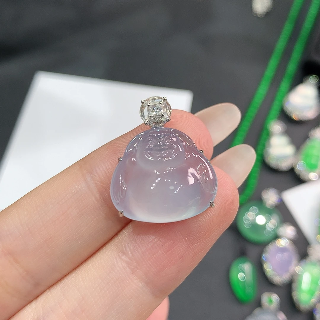 翡翠18K金镶嵌颈饰老坑高冰蓝紫佛公 48小时鉴赏期