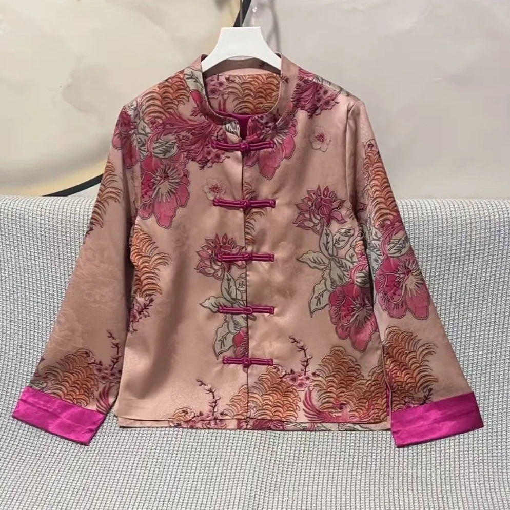 春秋凤牡丹外套女上衣新中式时尚复古开衫立领提花