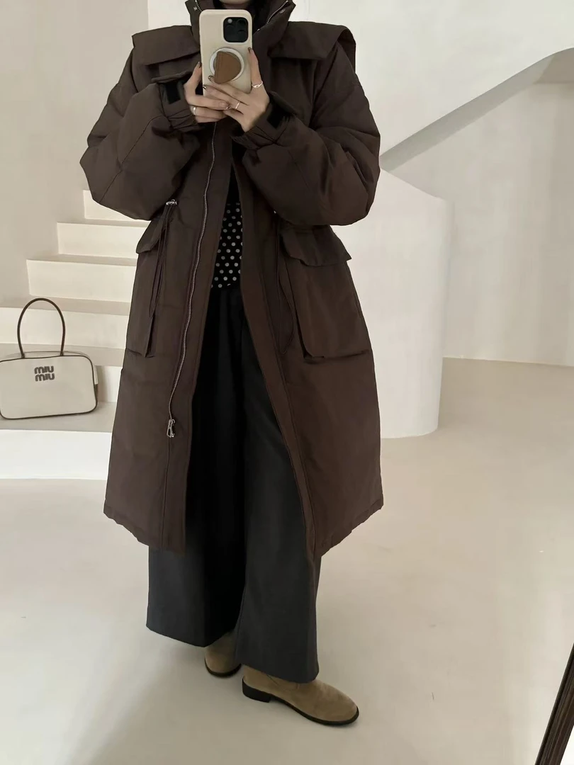 女士方领可拆简约气质中长款美拉德色系羽绒服Y657