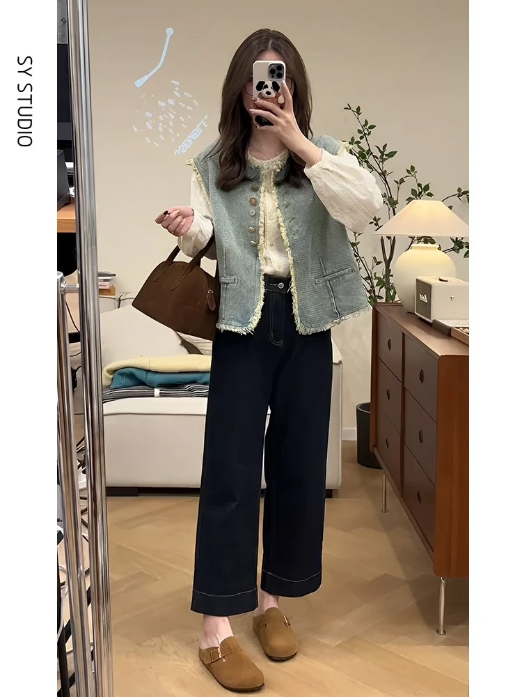 秋季穿搭一整套高级感港味复古牛仔马甲外套别致小衫牛仔裤三件套