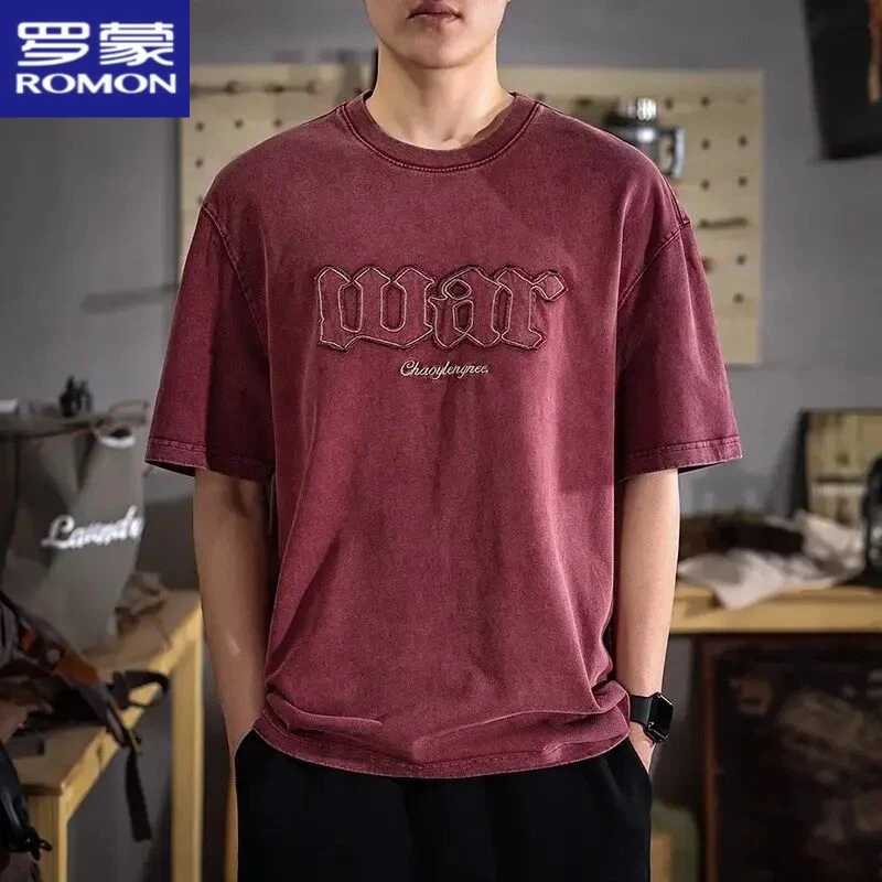 罗蒙高级感重磅酒红色短袖t恤男纯棉休闲夏季复古水洗半袖上衣