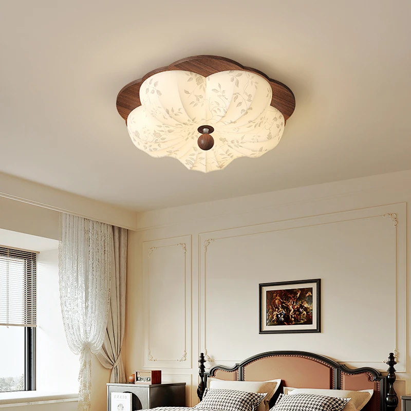 宋代美学复古卧室灯吸顶灯中古客厅灯圆形布艺胡桃木纹主卧书房灯