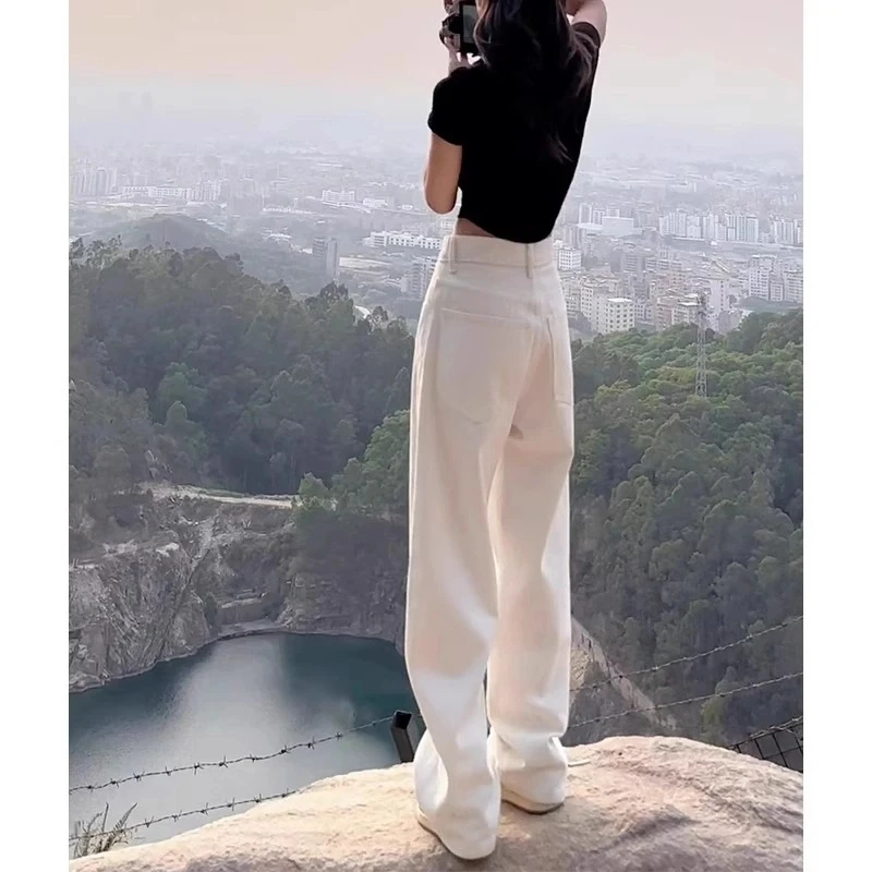 雪千羽白色高腰阔腿牛仔裤女2025春秋新款宽松直筒窄版垂感拖地裤