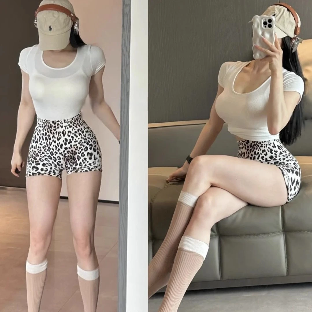 豹纹3D数码印花瑜伽短裤高腰提臀健身女紧身蜜桃裤运动跑步三分裤