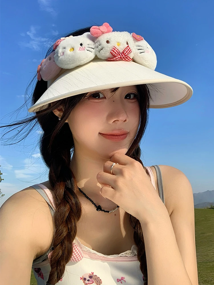 可爱kitty猫防晒空顶帽女夏遮阳防紫外线户外大帽檐遮脸太阳帽子