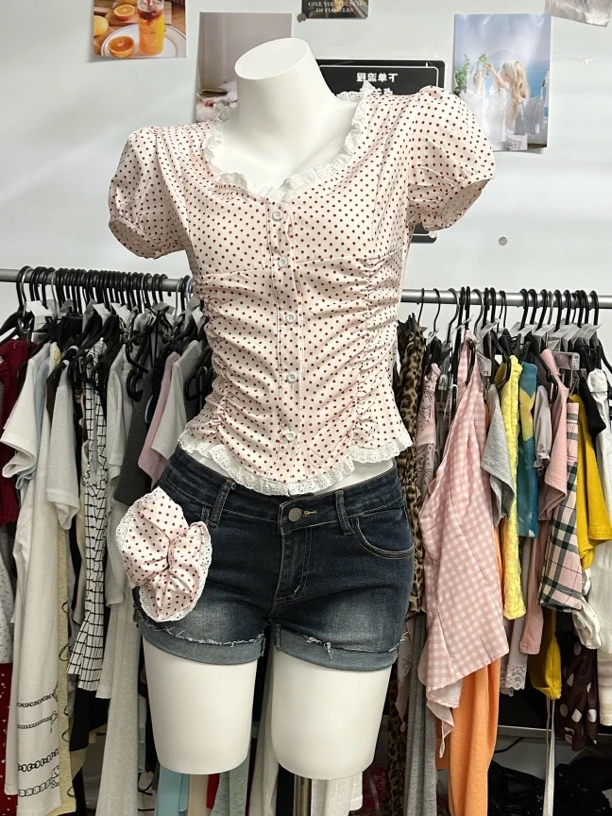 185#南法夏日波点V领短袖衬衫女设计感减龄花边上衣夏/发圈