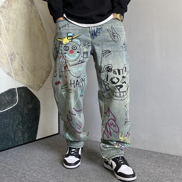 秋季美式休闲痞帅复古涂鸦印花牛仔裤男直筒宽松高街个性阔腿裤子