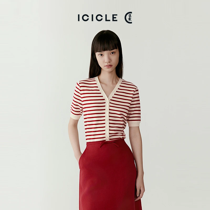 ICICLE之禾女士薄超细棉短袖条纹针织衫0890