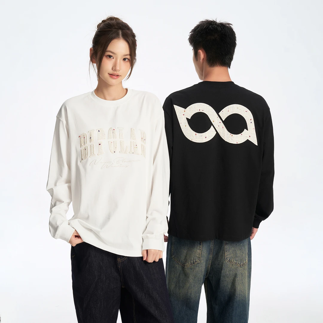 BIPOLAR彩球贴布圆领情侣宽松印花复古纯棉美式休闲长袖 11B777