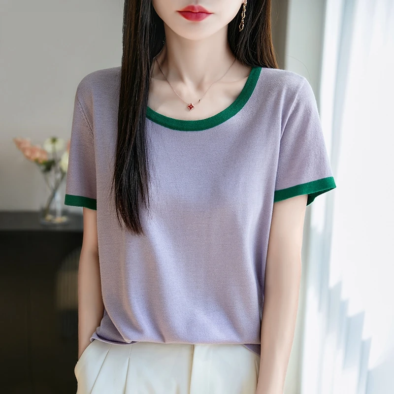 羊范夏季圆领精纺羊毛撞色针织短袖t恤女半袖宽松显瘦打底上衣潮