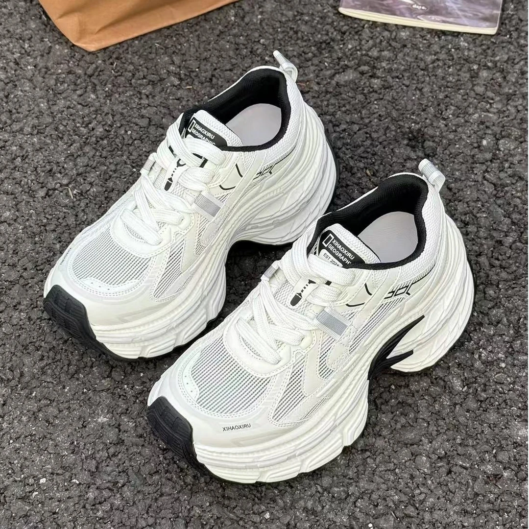 2025夏季新款单网透气老爹鞋女厚底增高运动鞋百搭韩版系带休闲鞋