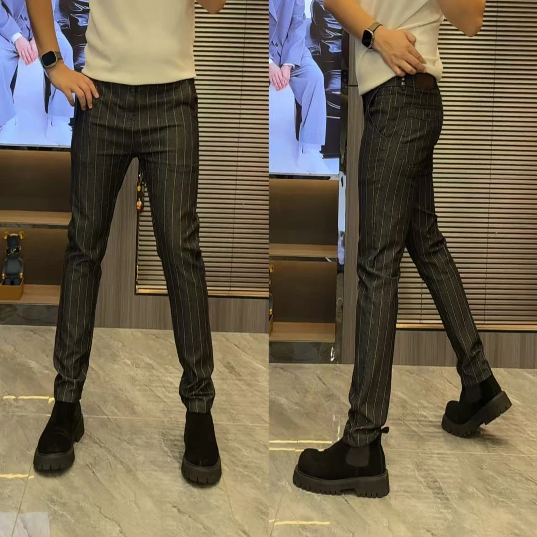 男士弹力商务休闲条纹秋款休闲裤裤子百搭高品修身潮流中腰小脚裤