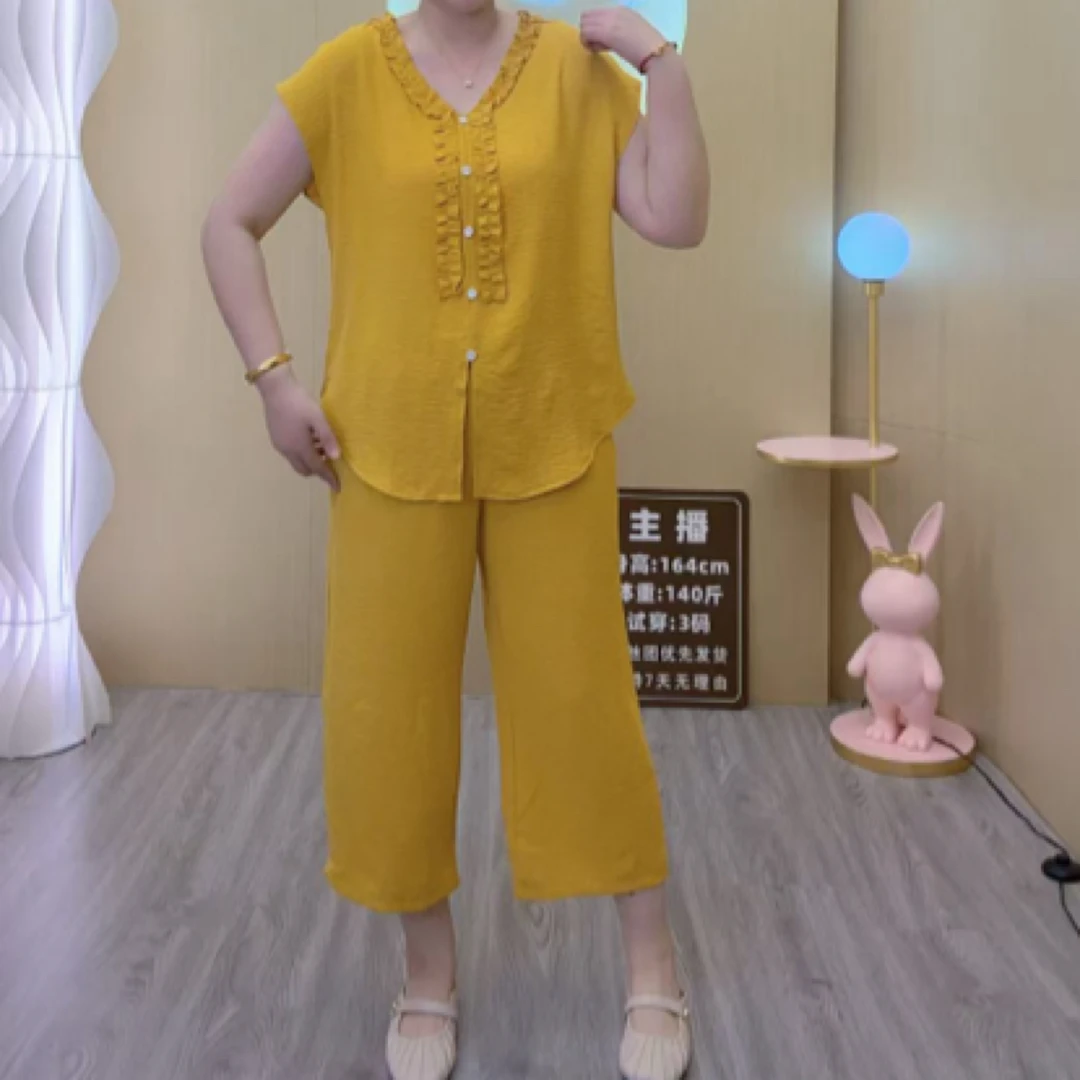 休闲宽松显瘦木耳边开衫短袖八分裤两件套大码女装夏季新款