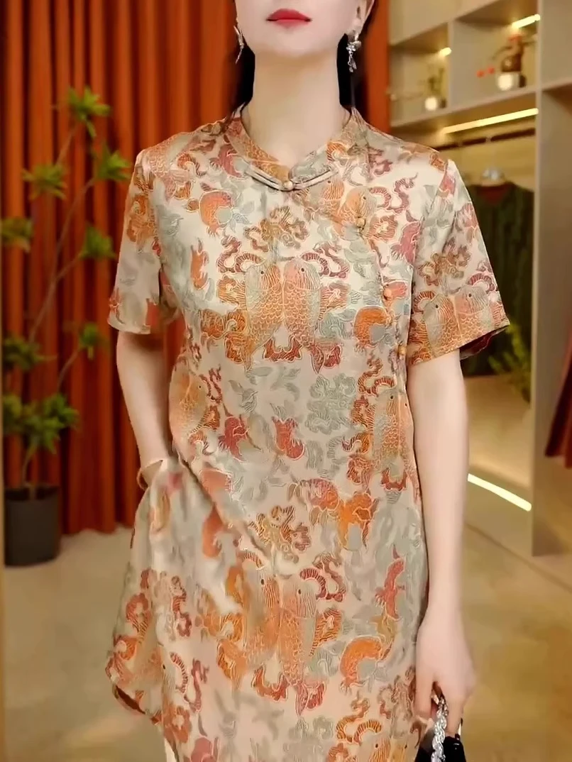 时尚轻奢高级感印花短袖衬衫2025夏季新款盘扣立领国风中长款衬衣