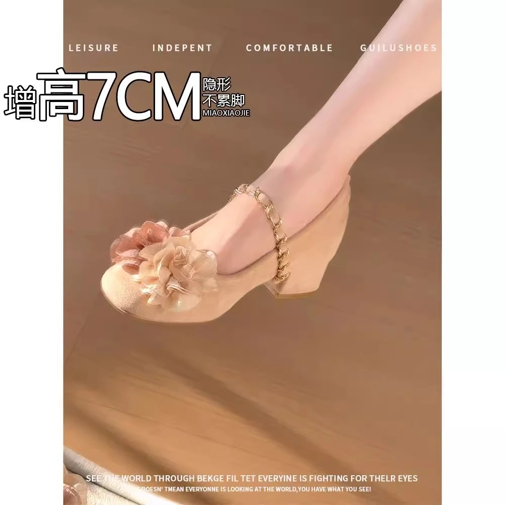小个子~内增高7CM山茶花玛丽珍高跟鞋秋季新款浅口粗跟单鞋女