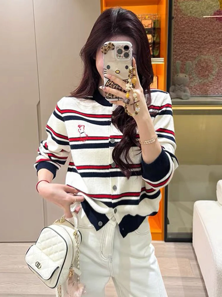 韩系纽扣条纹针织开衫秋季2025年新款撞色短款毛衣时尚外套B4-38