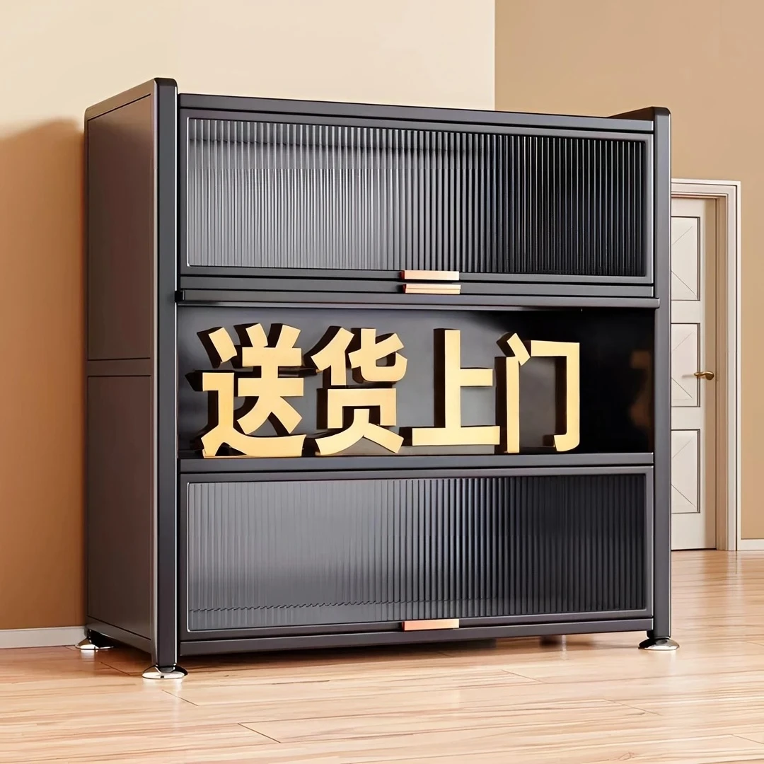 【坚固耐用】橱柜家用厨房收纳置物架翻门多层带轮可移动防尘收纳柜