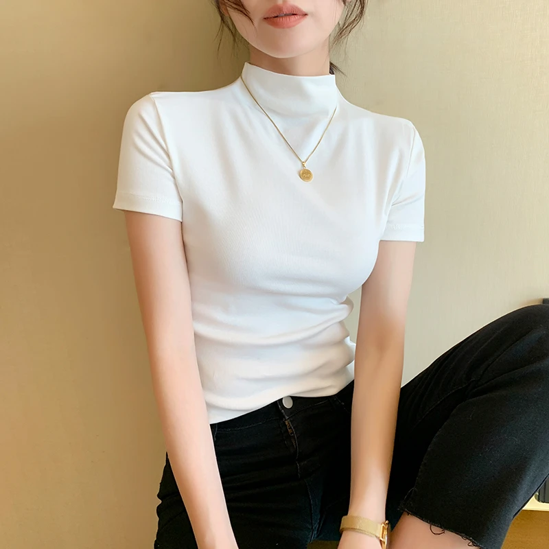 白色短袖T恤女春夏2025年新款半高领气质修身半袖体恤打底衫上衣