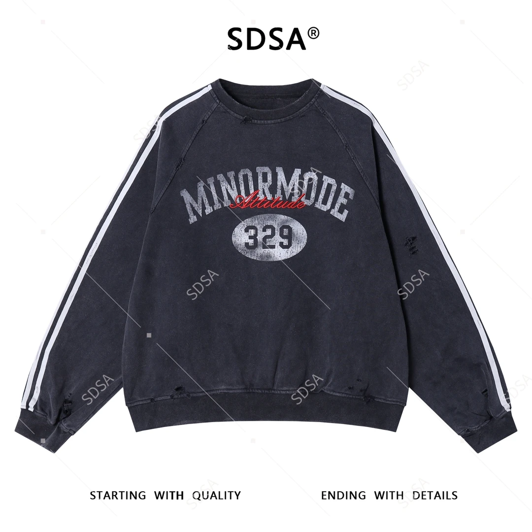 SDSA男士秋冬新款痞帅男装美式磨破印花字母圆领卫衣百搭高街上衣