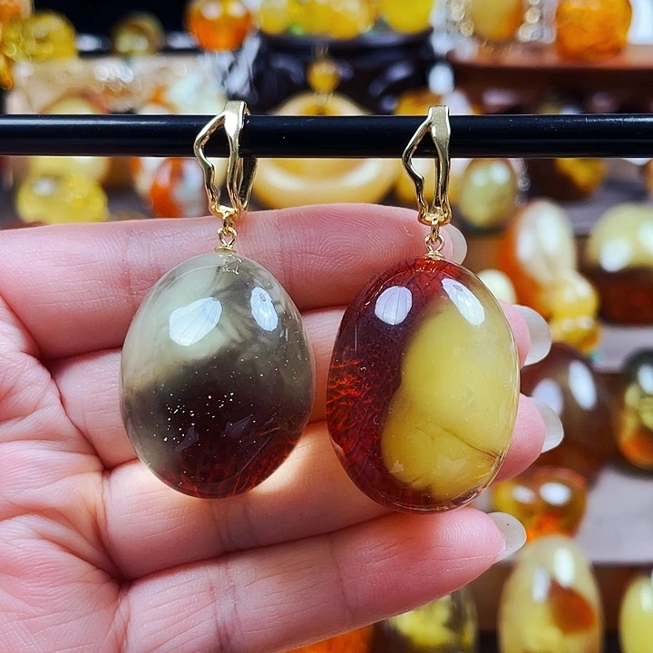 裸石琥珀银S925镶嵌耳环