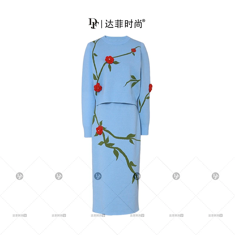 妮-复古优雅撞色立体花简约针织毛衣上衣+半裙套装女装ZC29122