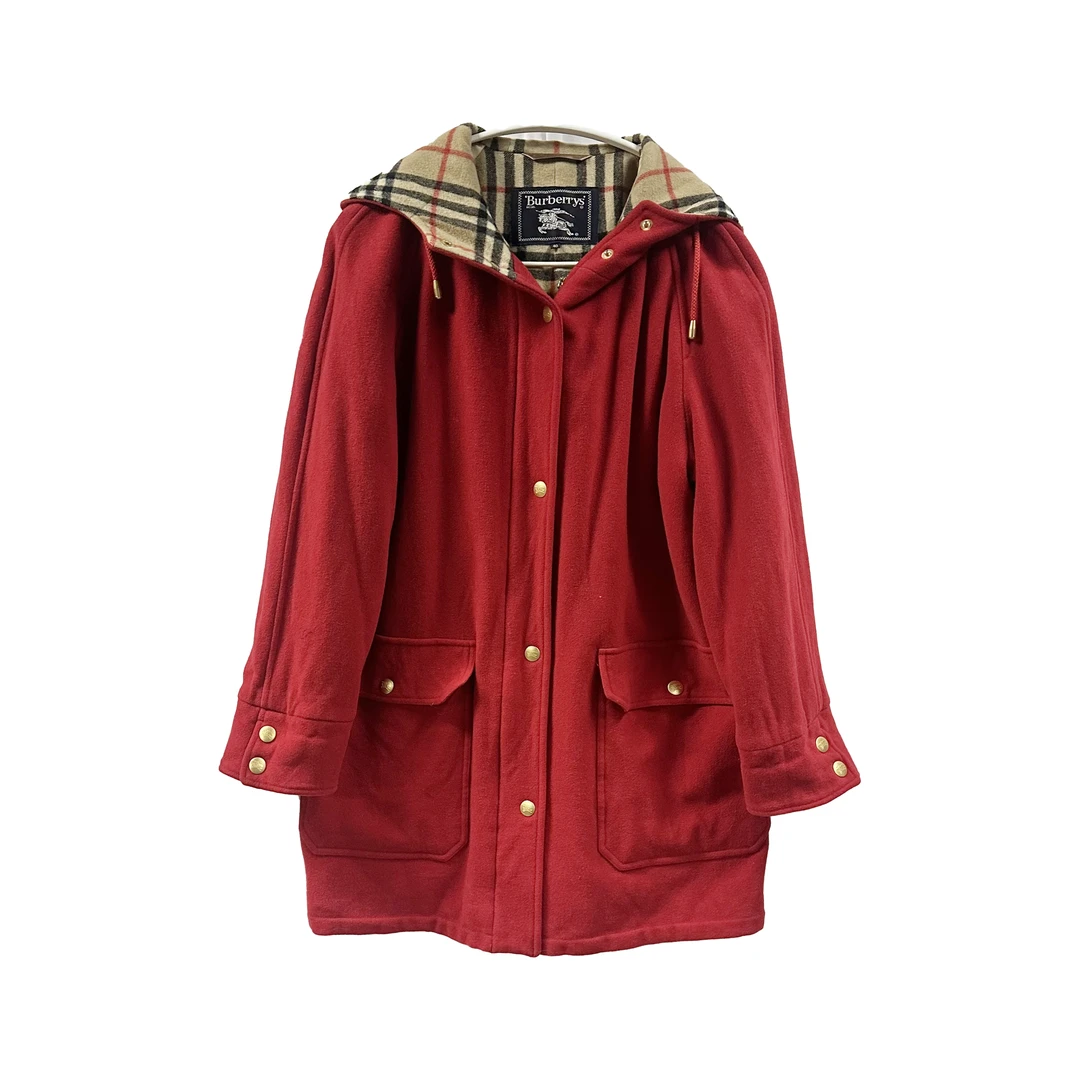 95新 BURBERRY/博柏利 巴宝莉中长款格纹连帽金扣大衣/fy1409