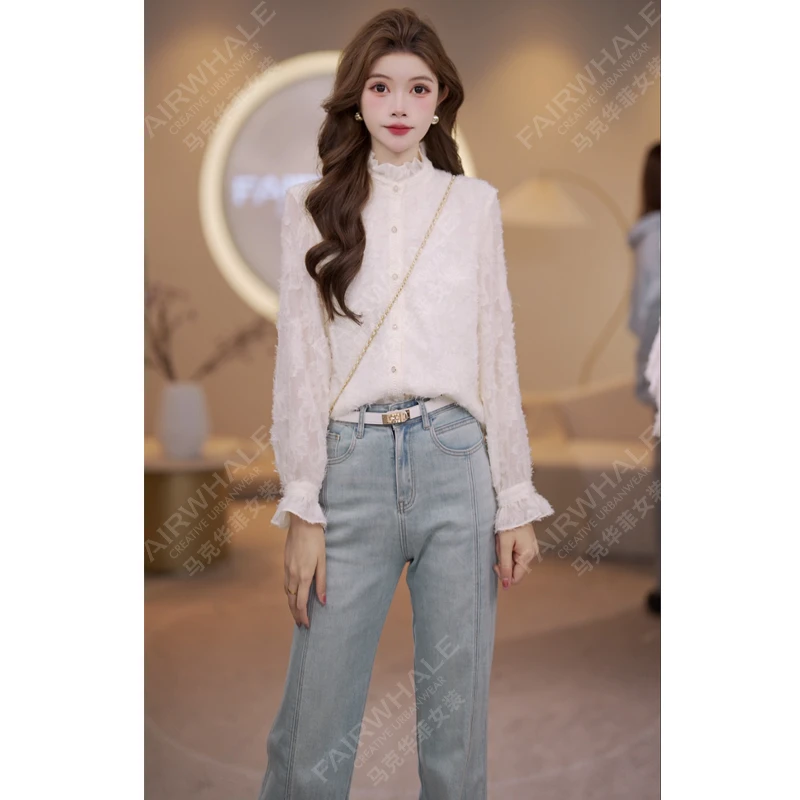 马克华菲女装2025秋季法式蕾丝花边名媛百搭长袖气质上衣小衫 X