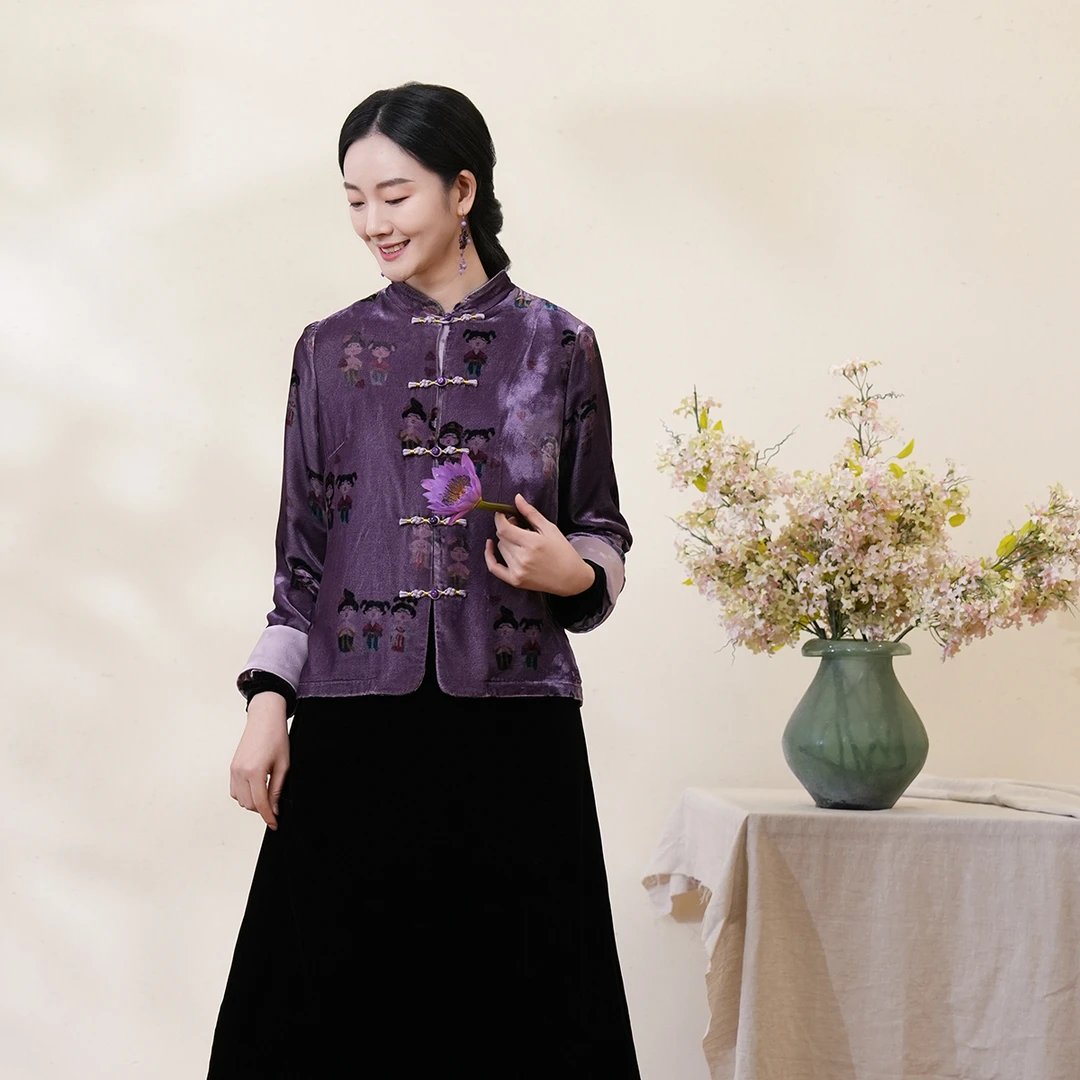 布符2025年春季原创设计新款紫真丝丝绒小唐人十字结短外套MCWT37