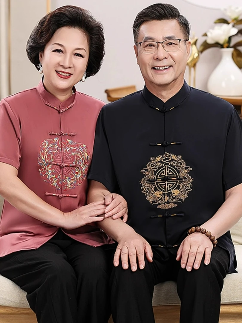 中老年唐装男爷爷奶奶夏季爸爸妈妈婚礼服寿星老人过大寿生日衣服