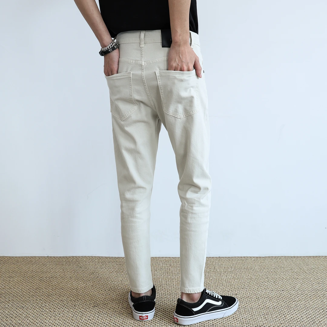 2025夏季新款男士修身小脚裤浅色百搭水洗杏色弹力长裤韩版时尚