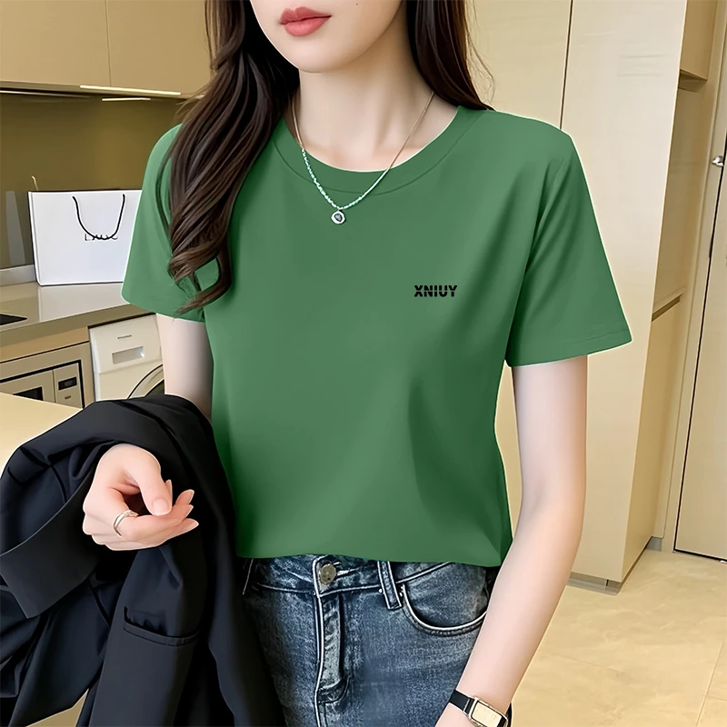 冰丝休闲百搭显瘦时尚新款夏季宽松打底衫圆领印花短袖t恤女上衣