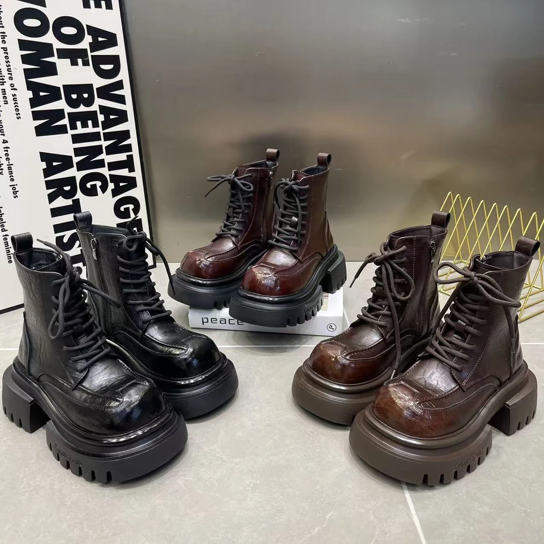 韩版2025秋新款超纤皮复古系带马丁靴圆头松糕厚底短靴骑士靴女鞋