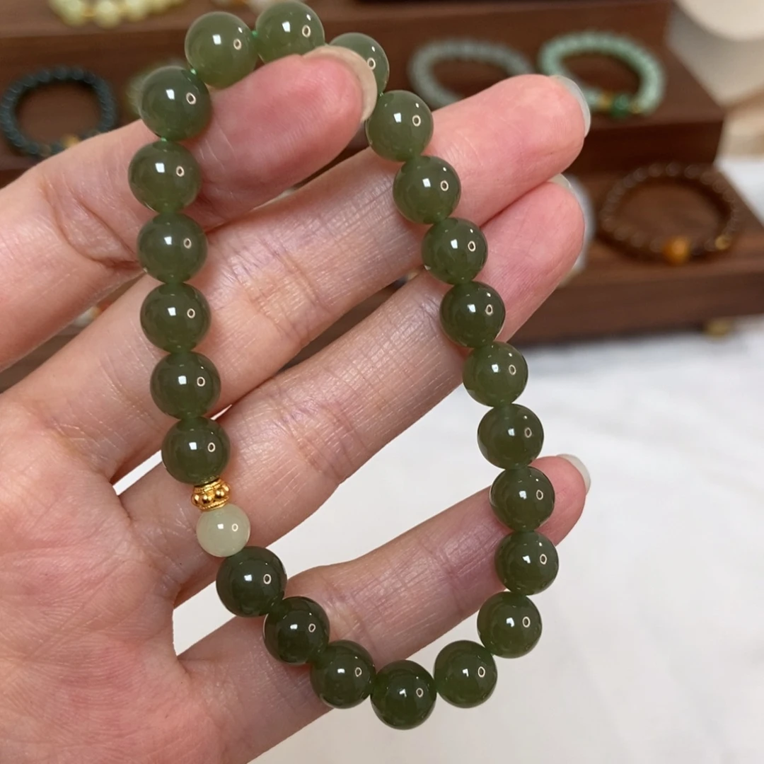 手链银S925镶嵌和田玉福利8mm湖水绿