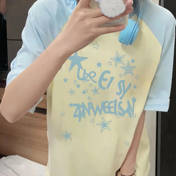 2025夏季新款纯棉插肩短袖t恤女撞色多巴胺穿搭小众设计感上衣潮