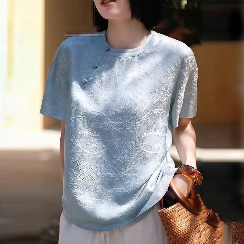 夏夏款百搭斜襟外搭气质上衣高级感蓝色国风上衣女短袖新中式衬衣