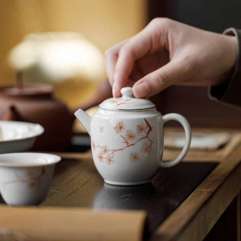 釉下彩手绘矾红松茶壶陶瓷家用过滤泡茶器单壶描银草木灰功夫茶具